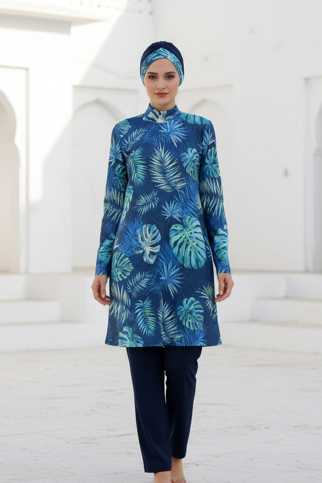 Fully Covered Navy Blue Leaf Patterned Lycra Burkini Modest Swimwear Set – 4 Piece Model M2112