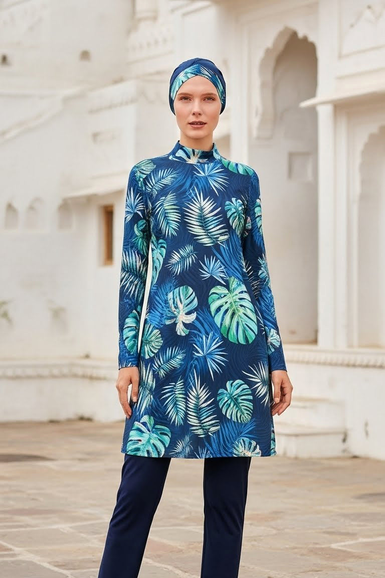 Fully Covered Navy Blue Leaf Patterned Lycra Burkini Modest Swimwear Set – 4 Piece Model M2112