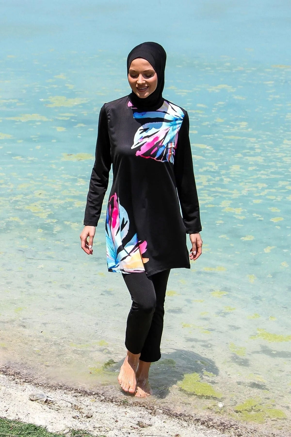 Black Floral 3 Piece Burkini Set – Full Coverage Modest Swimwear M2224