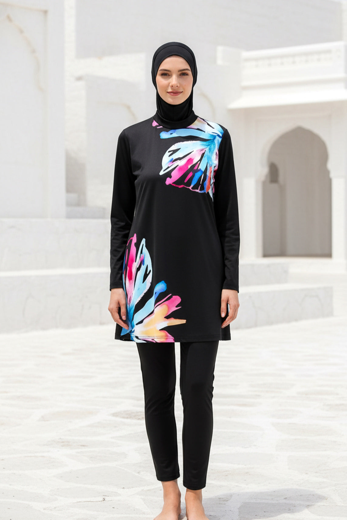 Black Floral 3 Piece Burkini Set – Full Coverage Modest Swimwear M2224