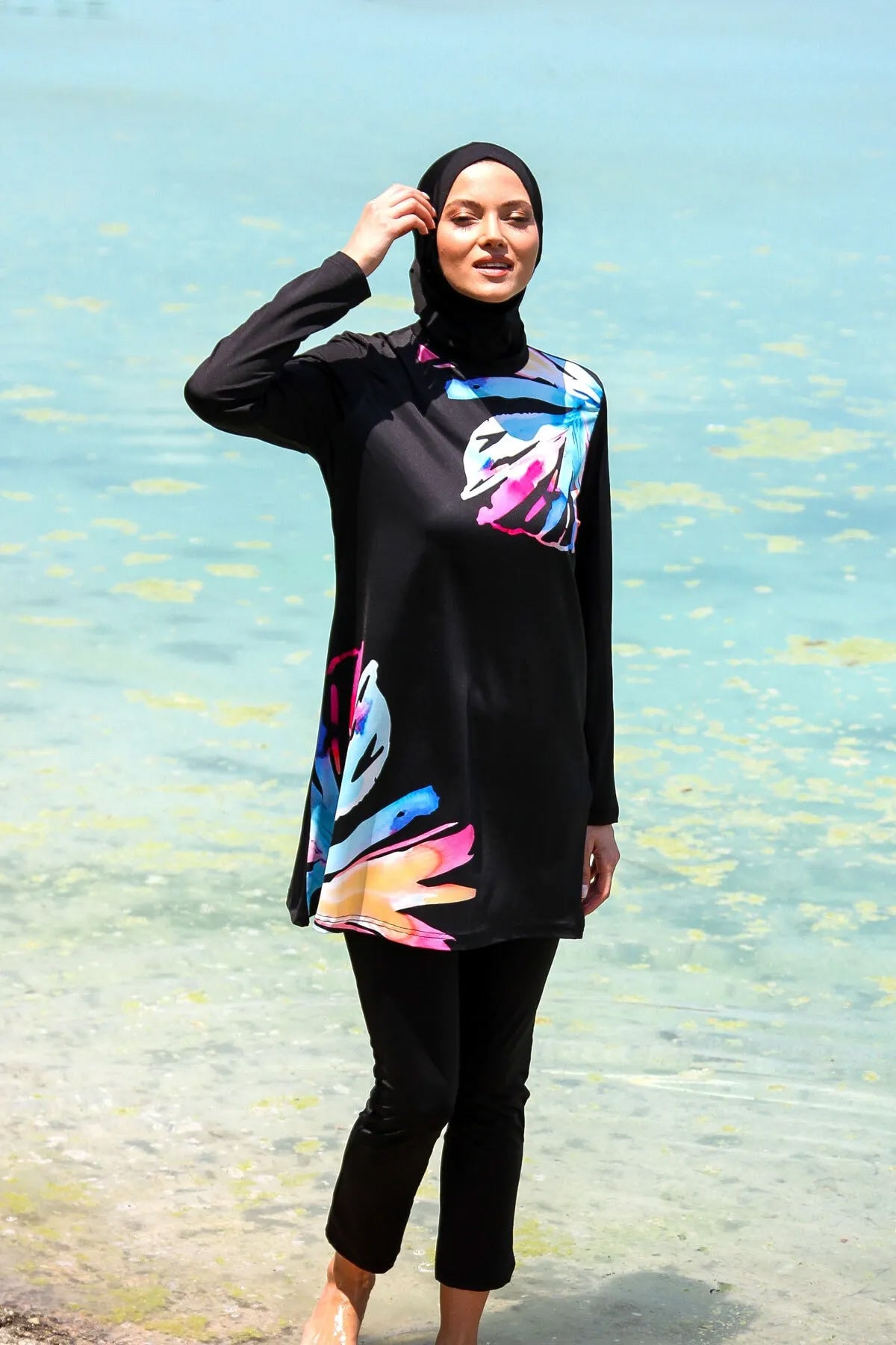 Black Floral 3 Piece Burkini Set – Full Coverage Modest Swimwear M2224