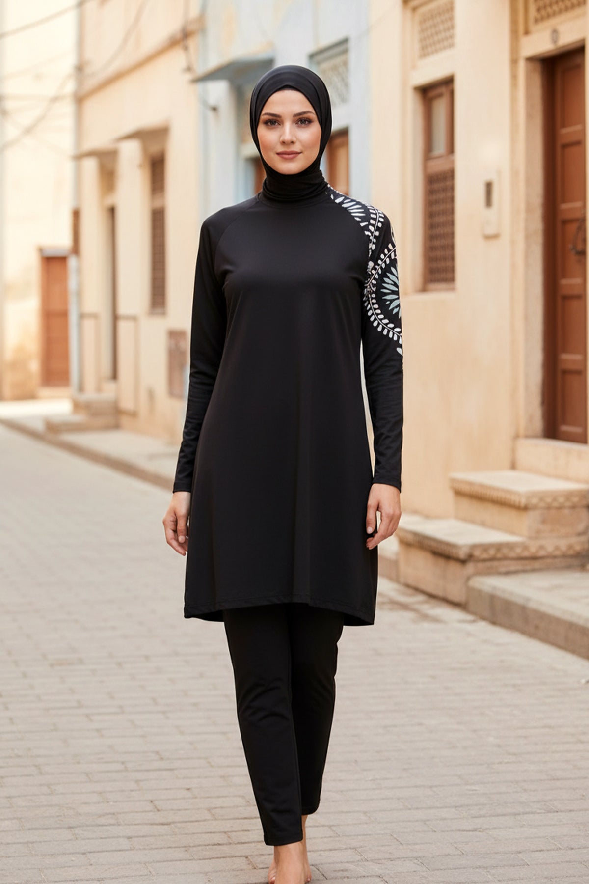 Black 4 Piece Tie-Detail Burkini Set – Full Coverage Modest Swimwear M2225
