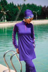 Royal Blue 3 Piece Printed Sleeve Burkini Set – Full Coverage Modest Swimwear M2228