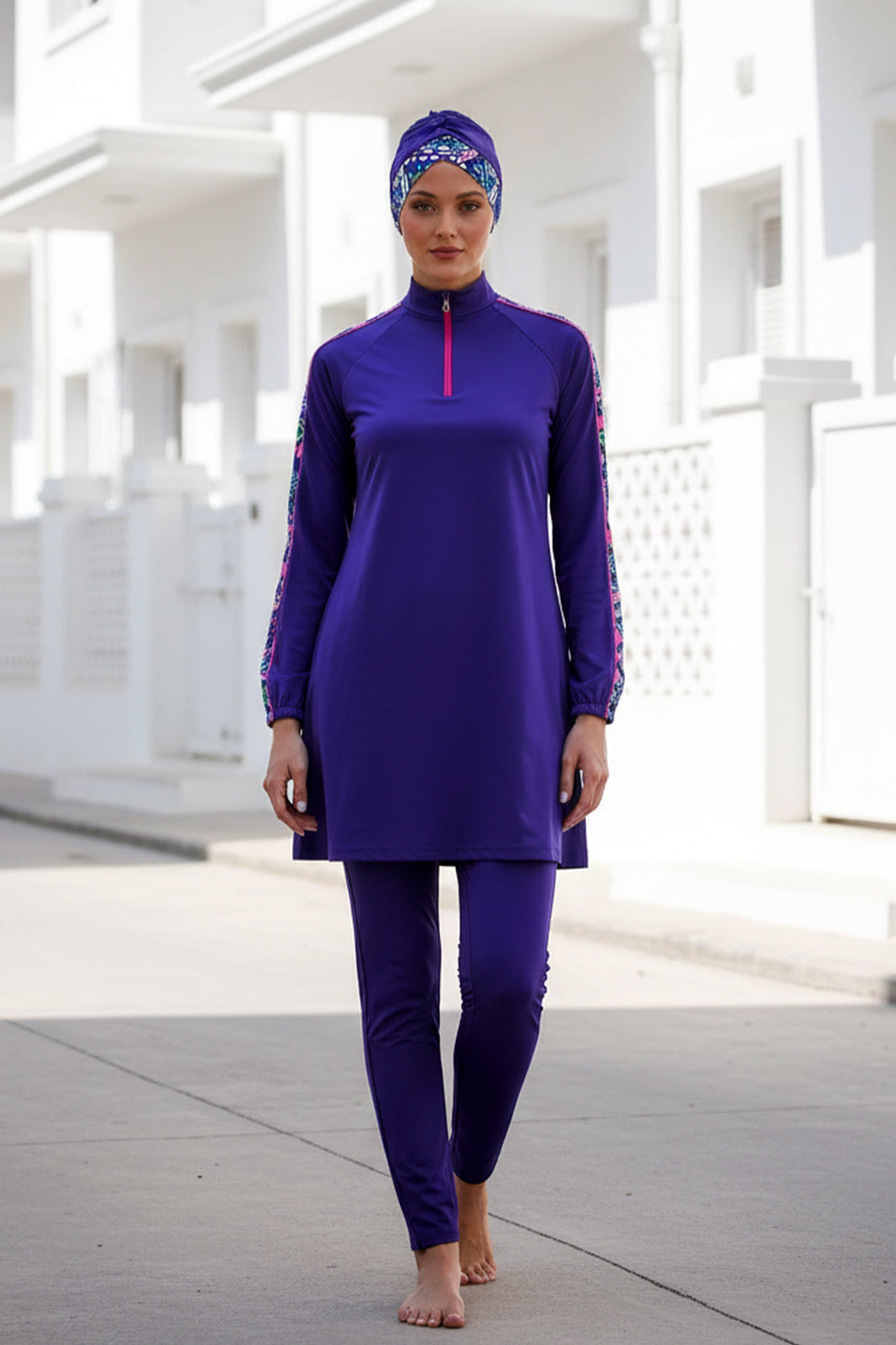 Royal Blue 3 Piece Printed Sleeve Burkini Set – Full Coverage Modest Swimwear M2228