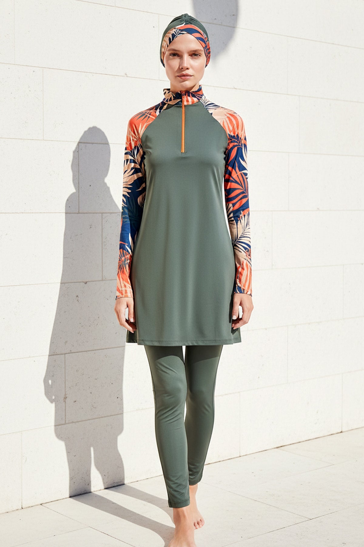 Khaki Printed 4 Piece Burkini Set – Full Coverage Modest Swimwear M2229