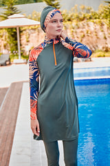 Khaki Printed 4 Piece Burkini Set – Full Coverage Modest Swimwear M2229
