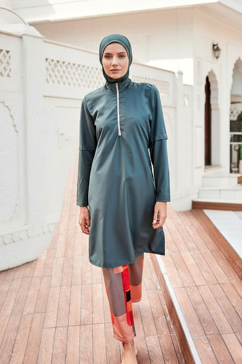 طقم بوركيني من أربع قطع باللون الكاكي - ملابس سباحة محتشمة تغطي الجسم بالكامل M2279