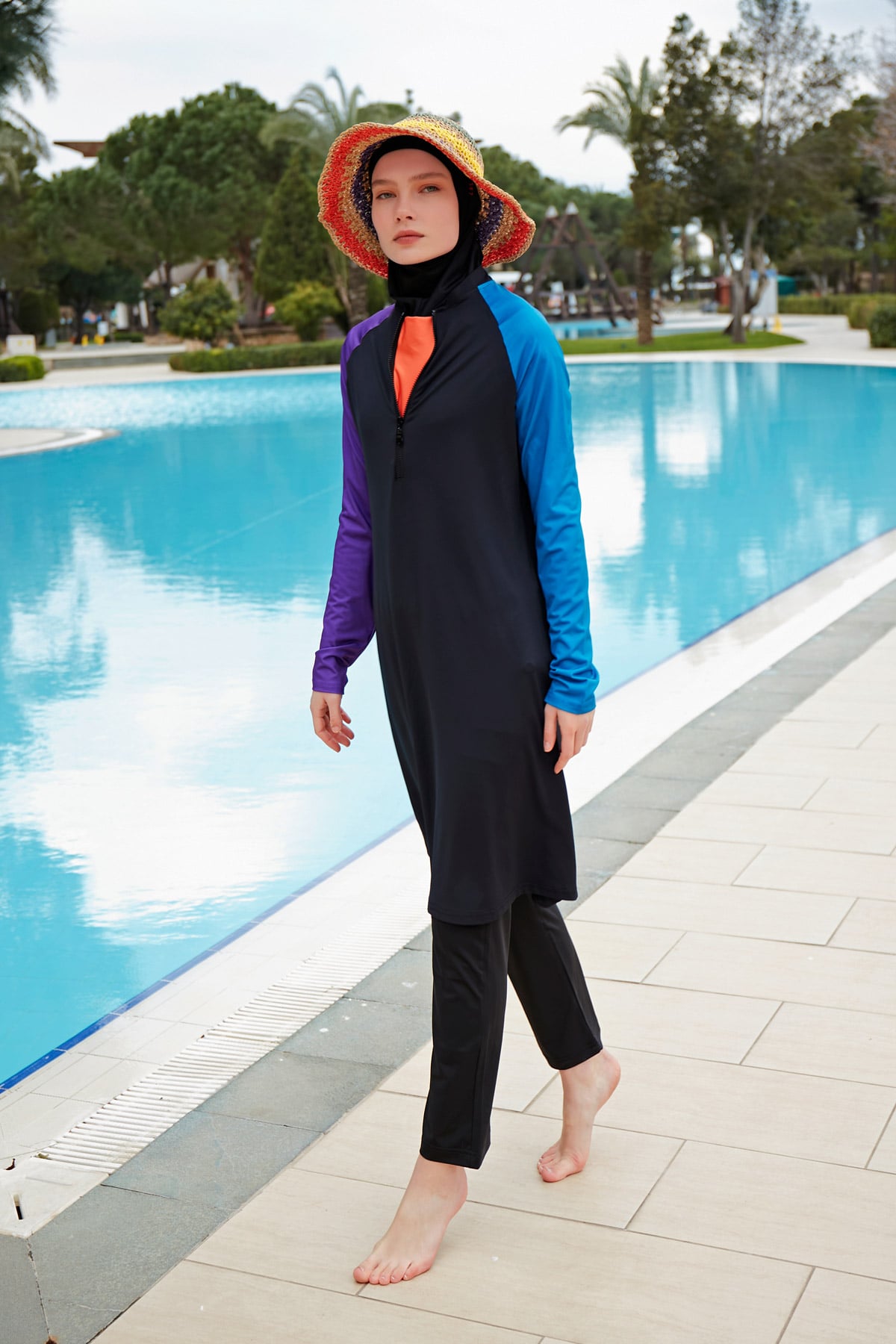 Color Blocked Black Full-Coverage Modest Swimwear Burkini - M2475