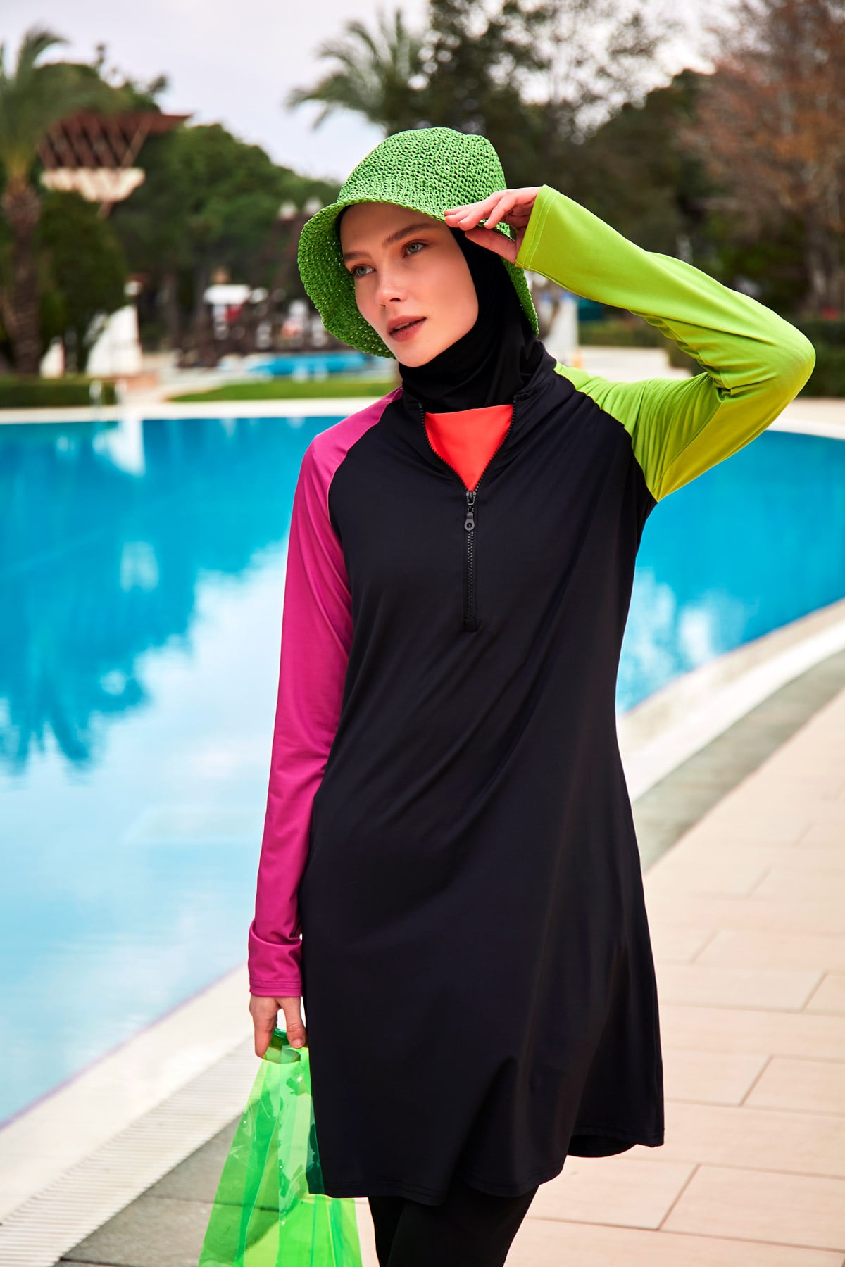 Color Blocked Black Full-Coverage Modest Swimwear Burkini - M2476
