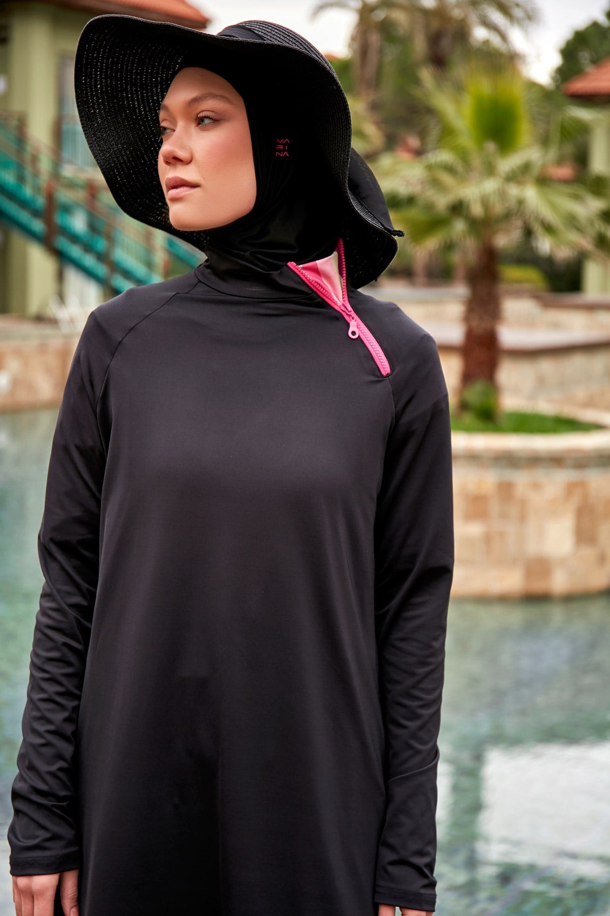Geometric Patterned Black Full-Coverage Modest Swimwear Burkini - M2479