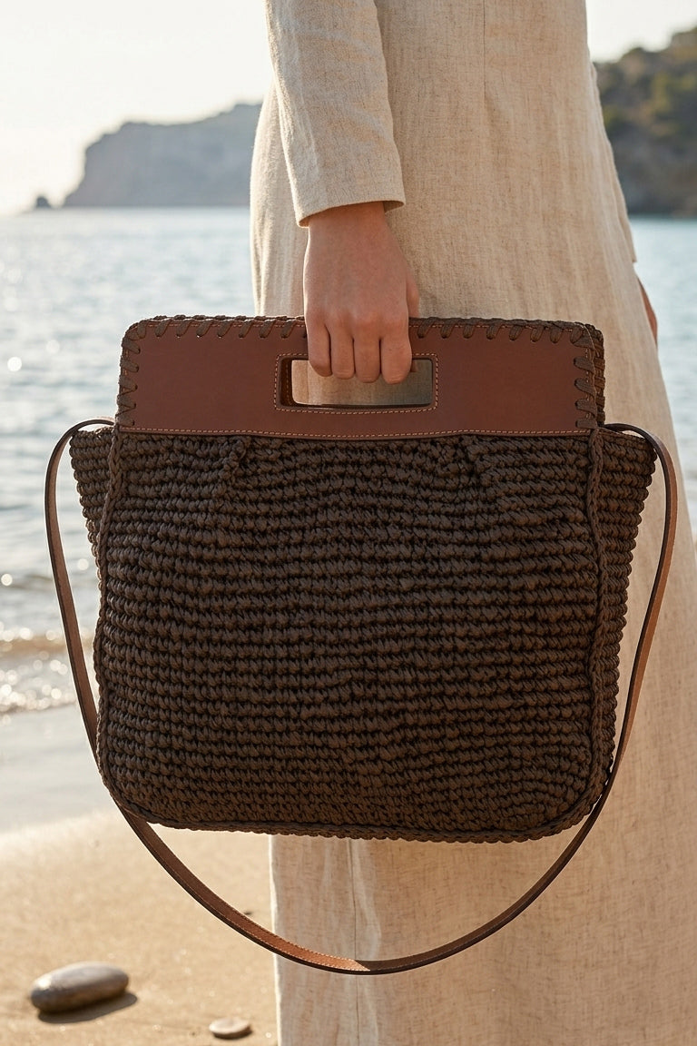 Brown Straw Bag with Leather Top Detail - CNT2605-2 صورة ثانوية
