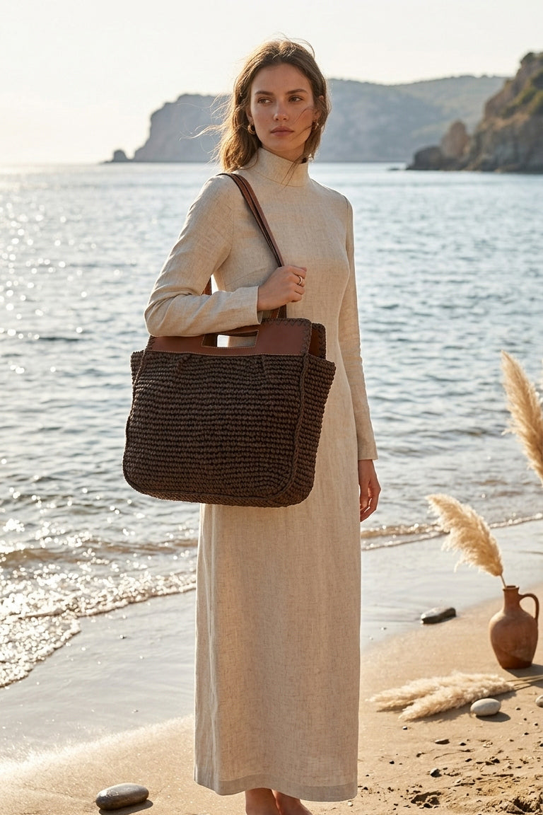 Brown Straw Bag with Leather Top Detail - CNT2605-2 الصورة الرئيسية