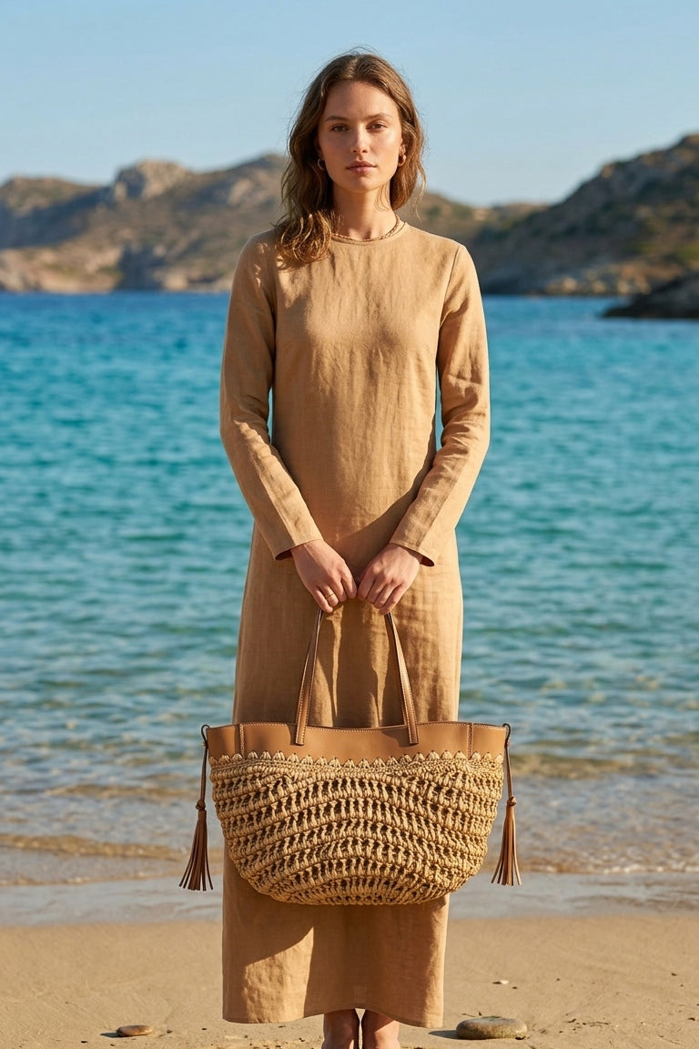 Camel Leather Detailed Straw Bag - CNT2604-2 الصورة الرئيسية