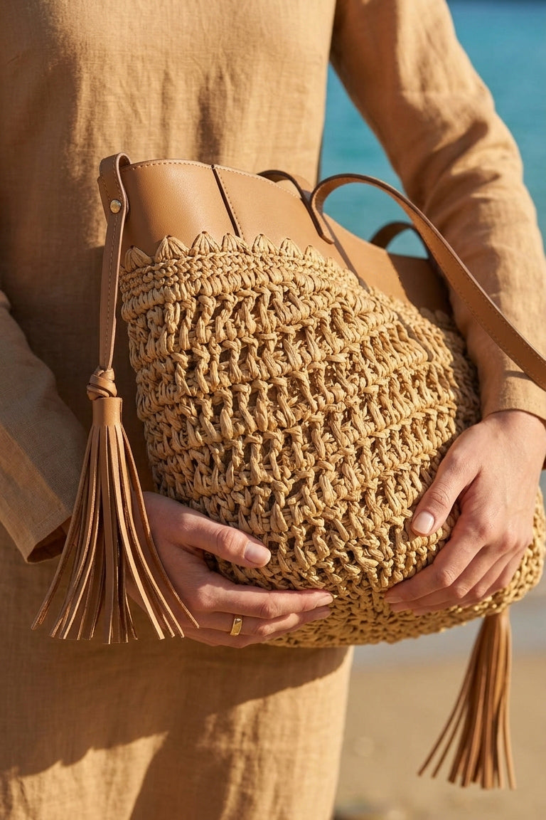Camel Leather Detailed Straw Bag - CNT2604-2 صورة ثانوية