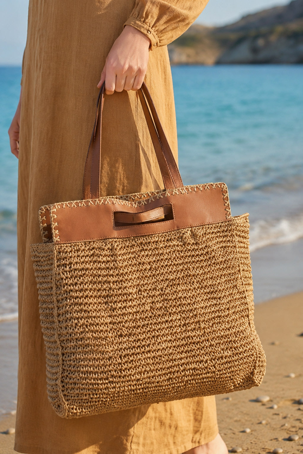 Camel Straw Bag with Leather Top Detail - CNT2605-1 صورة ثانوية