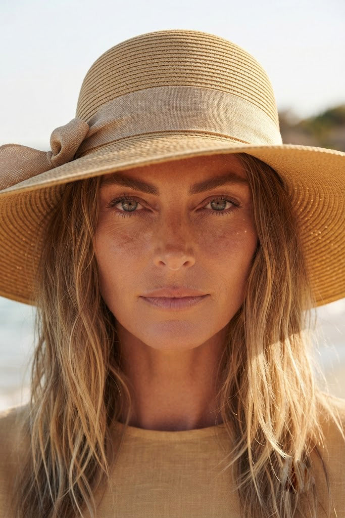 Cream Straw Hat with Bow HSR2615 الصورة الرئيسية
