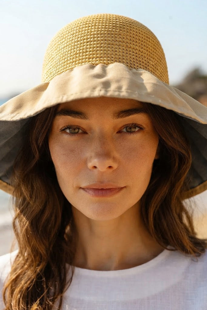 Hand-Woven Cream Straw Hat with Fabric Detail HSR2613
