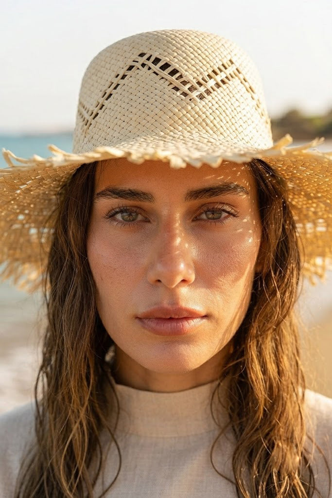 Beige Straw Hat with Frayed Edge HSR2611 الصورة الرئيسية
