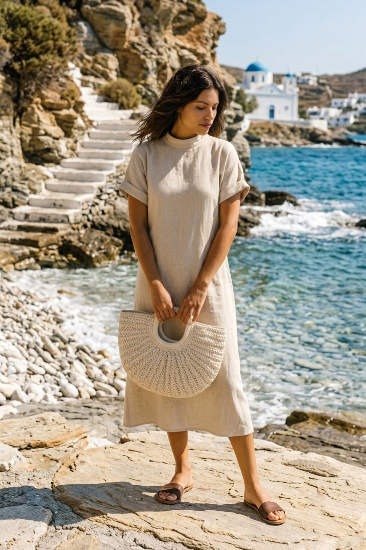 Hand-Woven Beige Straw Bag - CNT2603-1