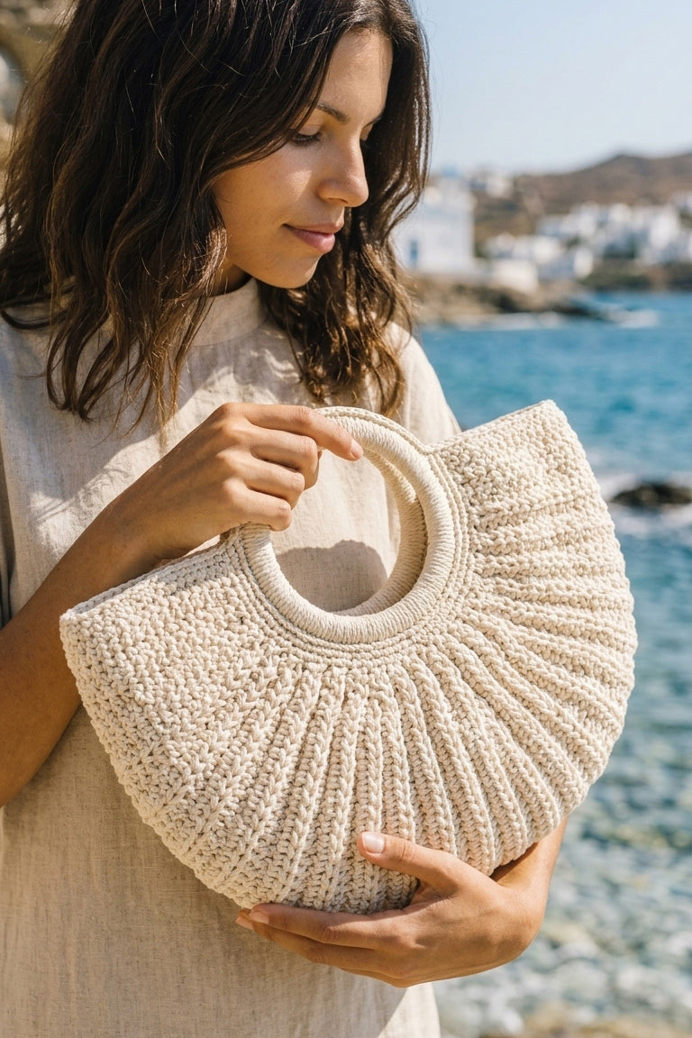 Hand-Woven Beige Straw Bag - CNT2603-1