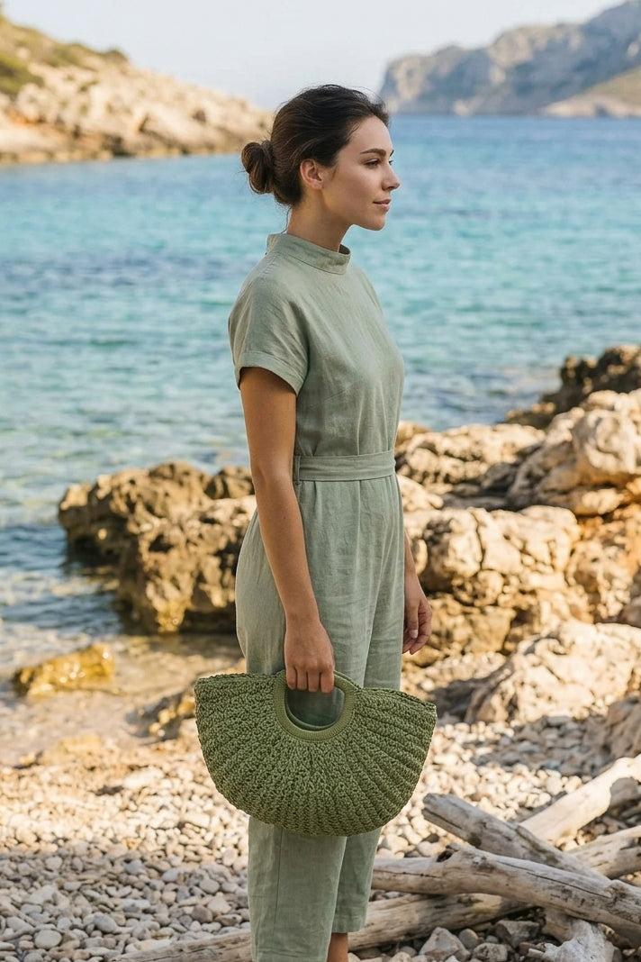 Hand-Woven Green Straw Bag - CNT2603-5 الصورة الرئيسية