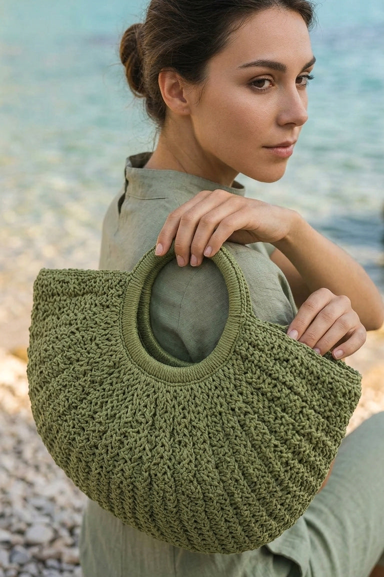 Hand-Woven Green Straw Bag - CNT2603-5