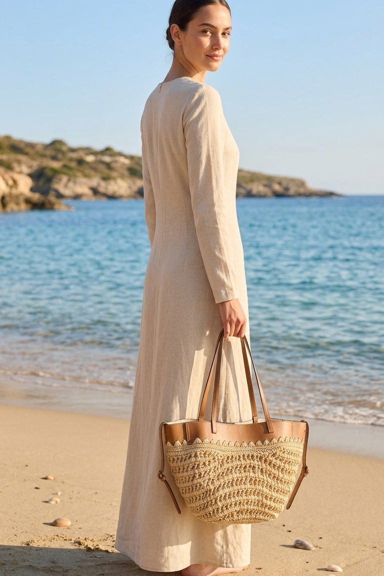 Beige Straw Bag with Leather Details - CNT2604-1 الصورة الرئيسية
