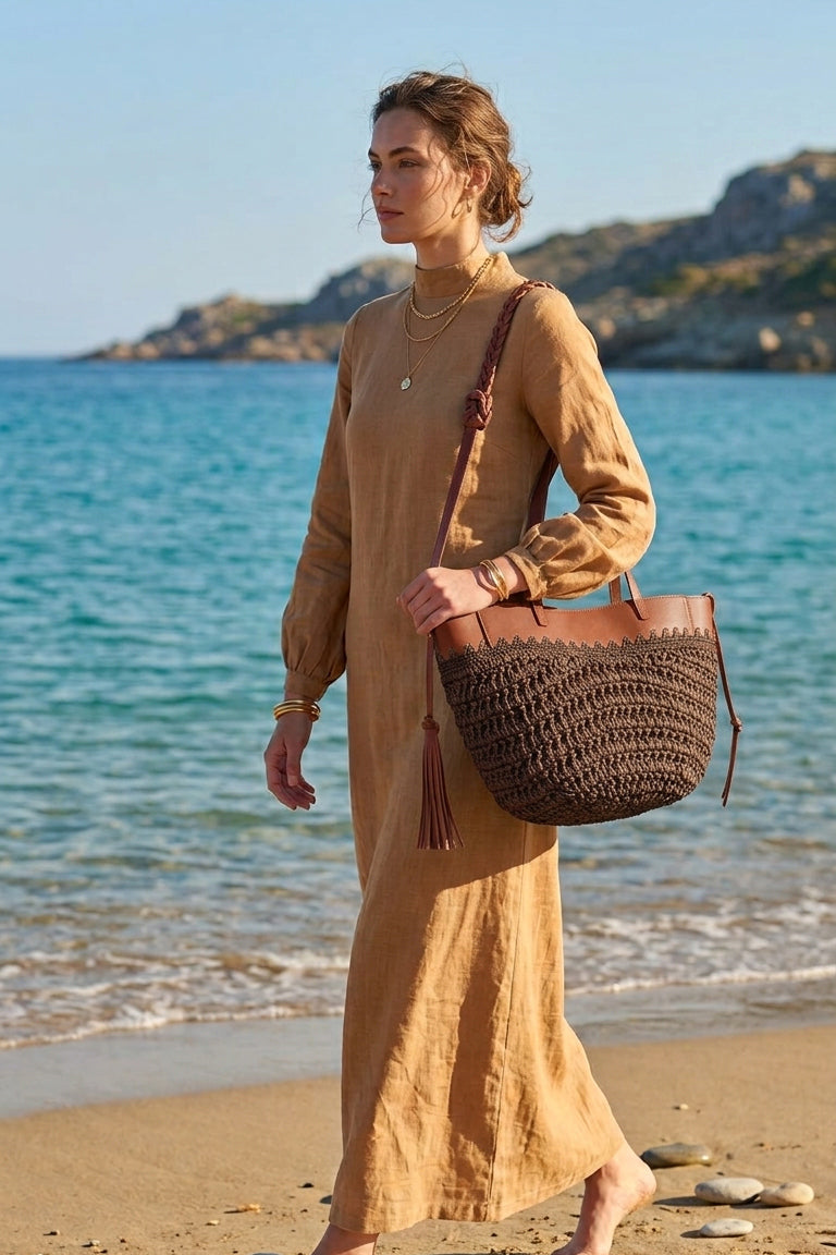Brown Leather Detailed Straw Bag - CNT2604-3