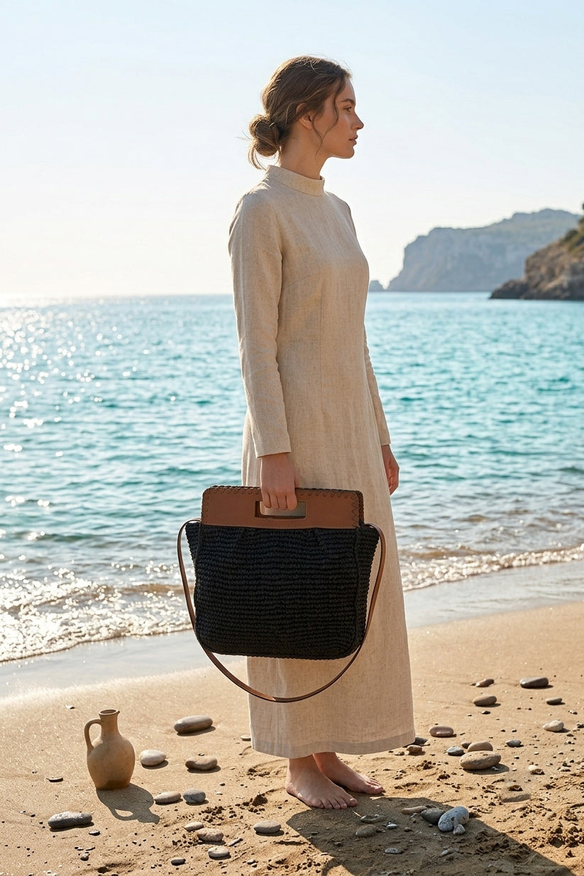 Black Straw Bag with Leather Top Detail - CNT2605-3 الصورة الرئيسية