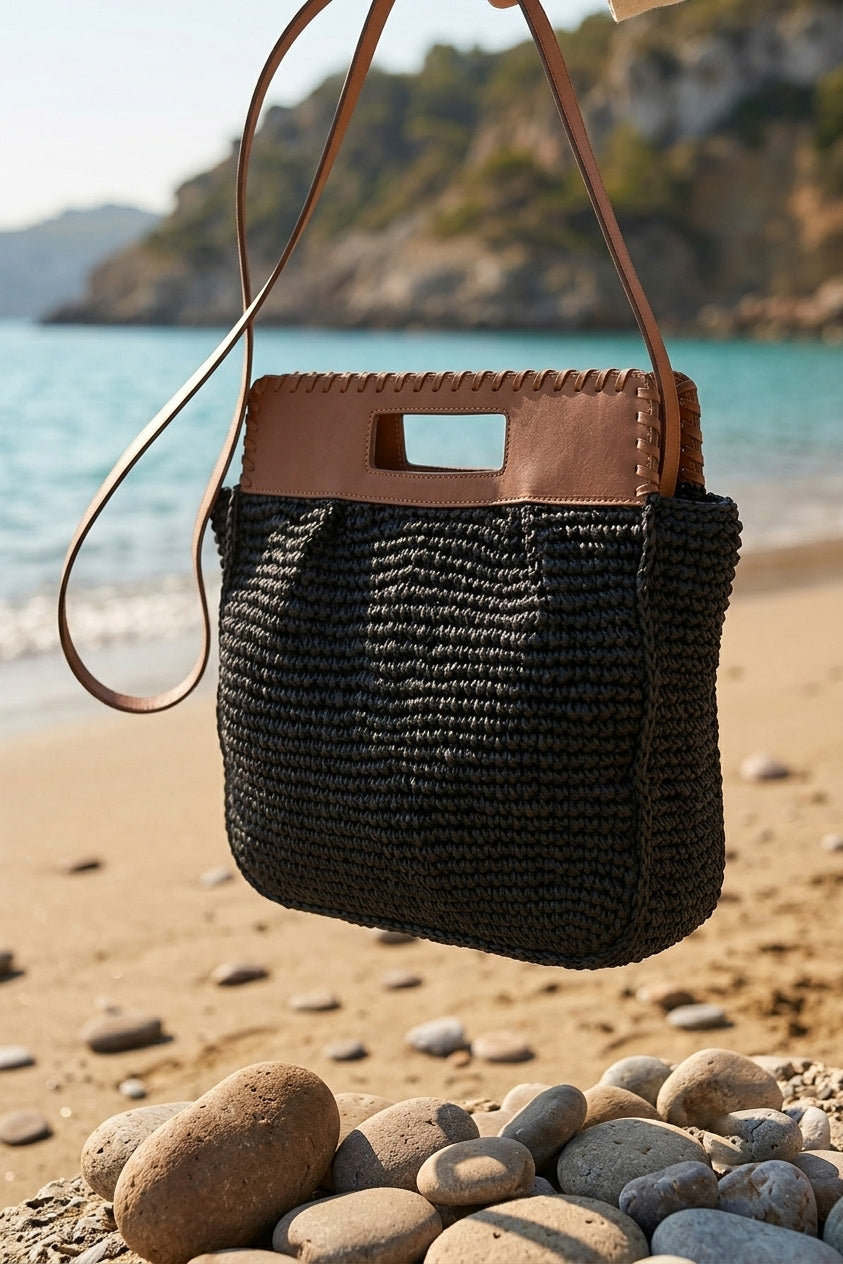 Black Straw Bag with Leather Top Detail - CNT2605-3