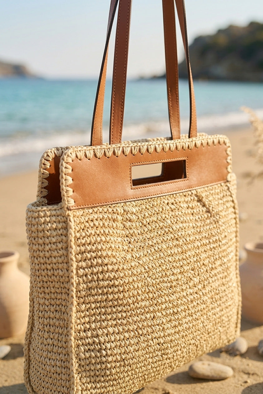 Beige Straw Bag with Leather Top Detail - CNT2605-4