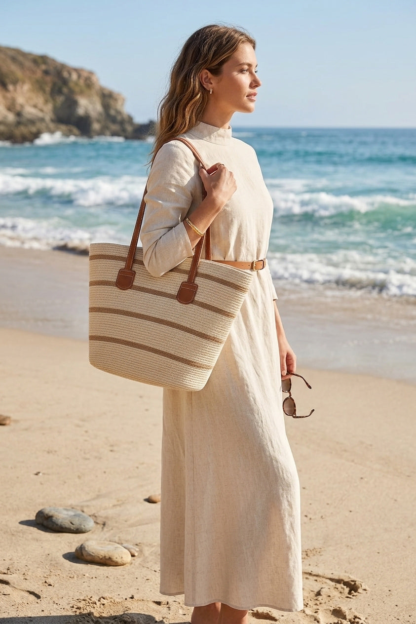 Beige Striped Straw Bag - CNT2608-2