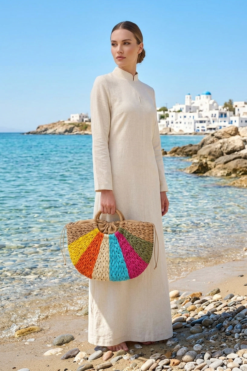 Color-Blocked Camel Basket Straw Bag - CNT2609