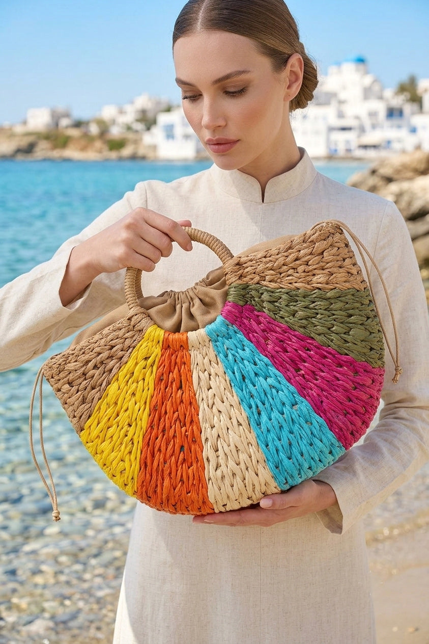 Color-Blocked Camel Basket Straw Bag - CNT2609