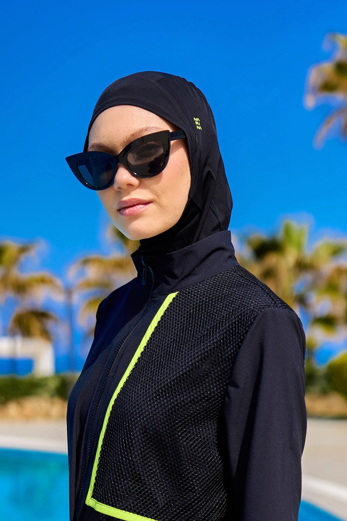 Black Athletic Swim Scarf Bonnet with Green Logo - B2601-1