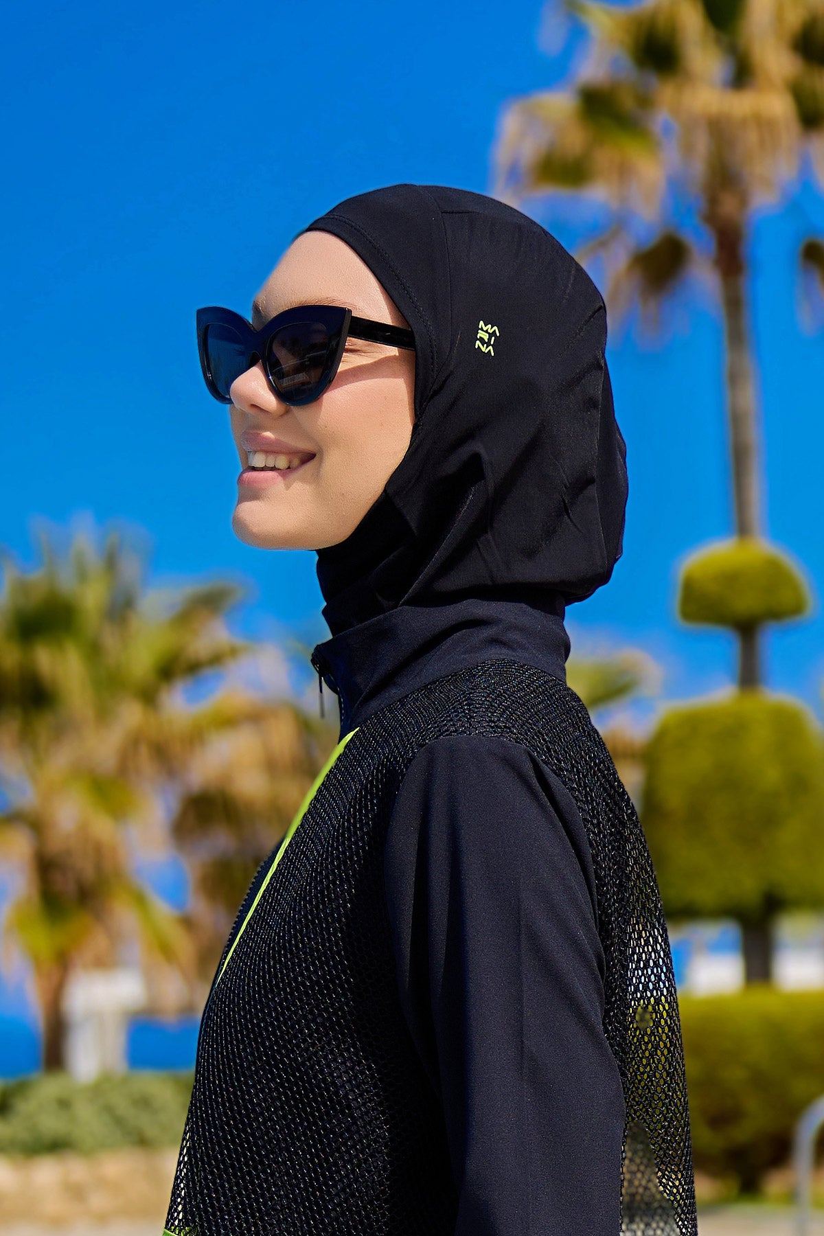 Black Athletic Swim Scarf Bonnet with Green Logo - B2601-1