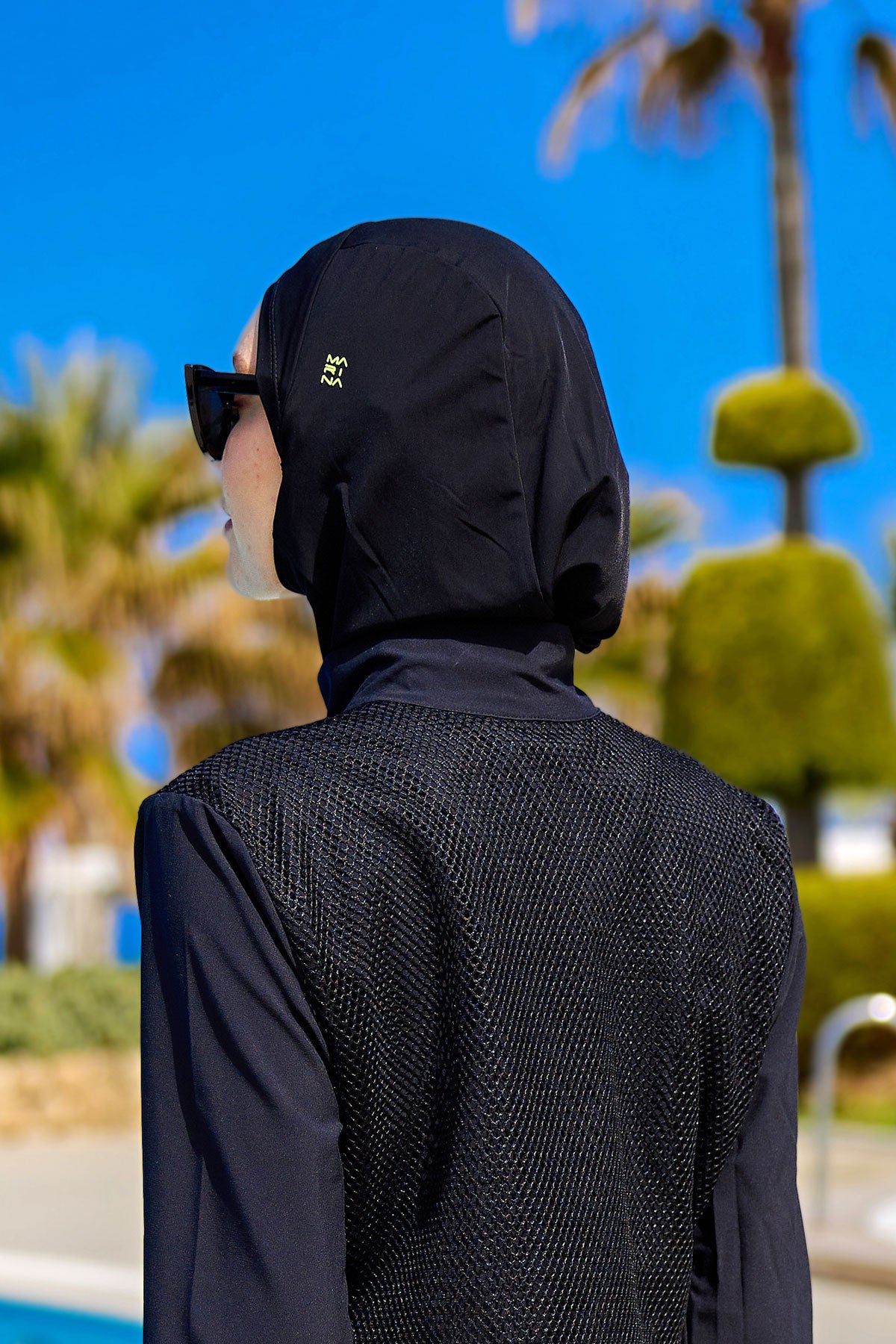 Black Athletic Swim Scarf Bonnet with Green Logo - B2601-1