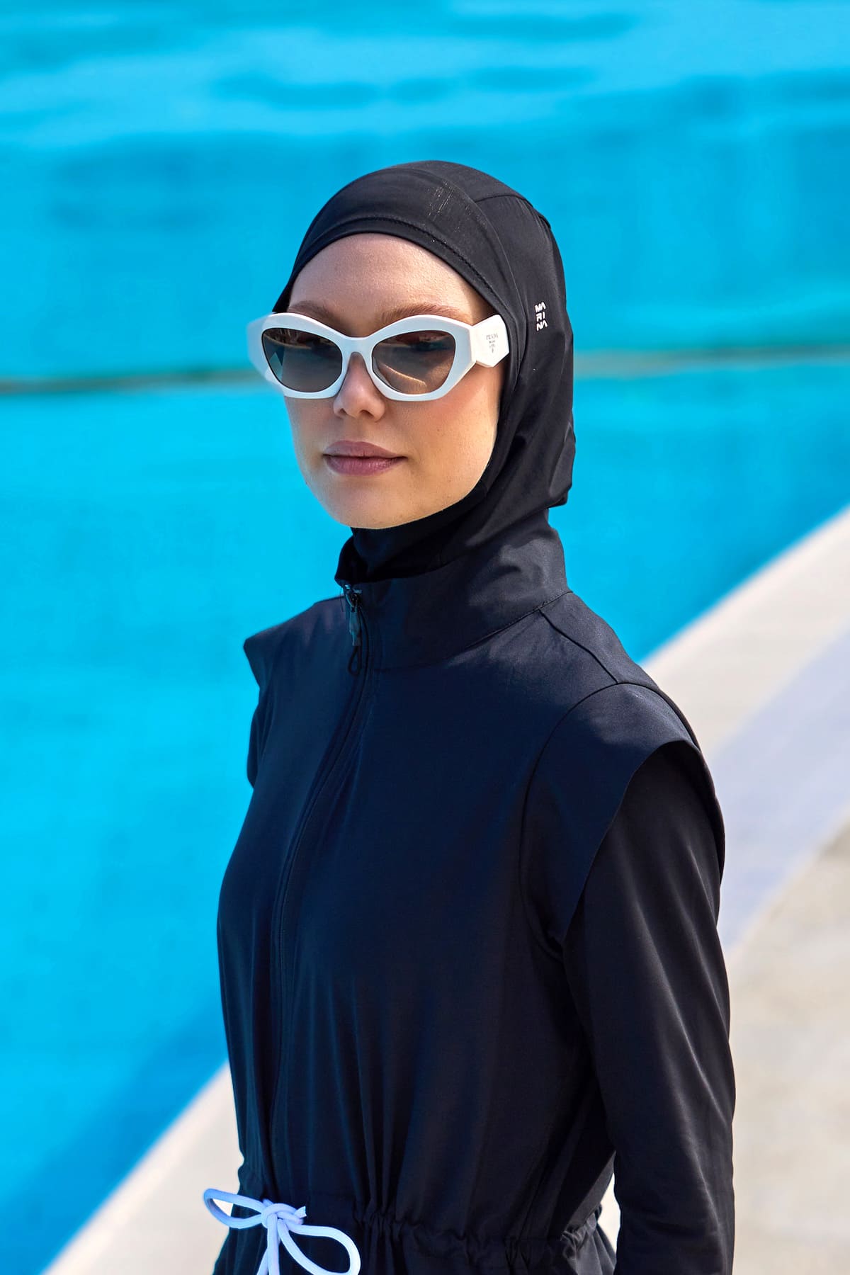 Black Athletic Swim Scarf Bonnet with Whıte Logo - B2601-1 Main image