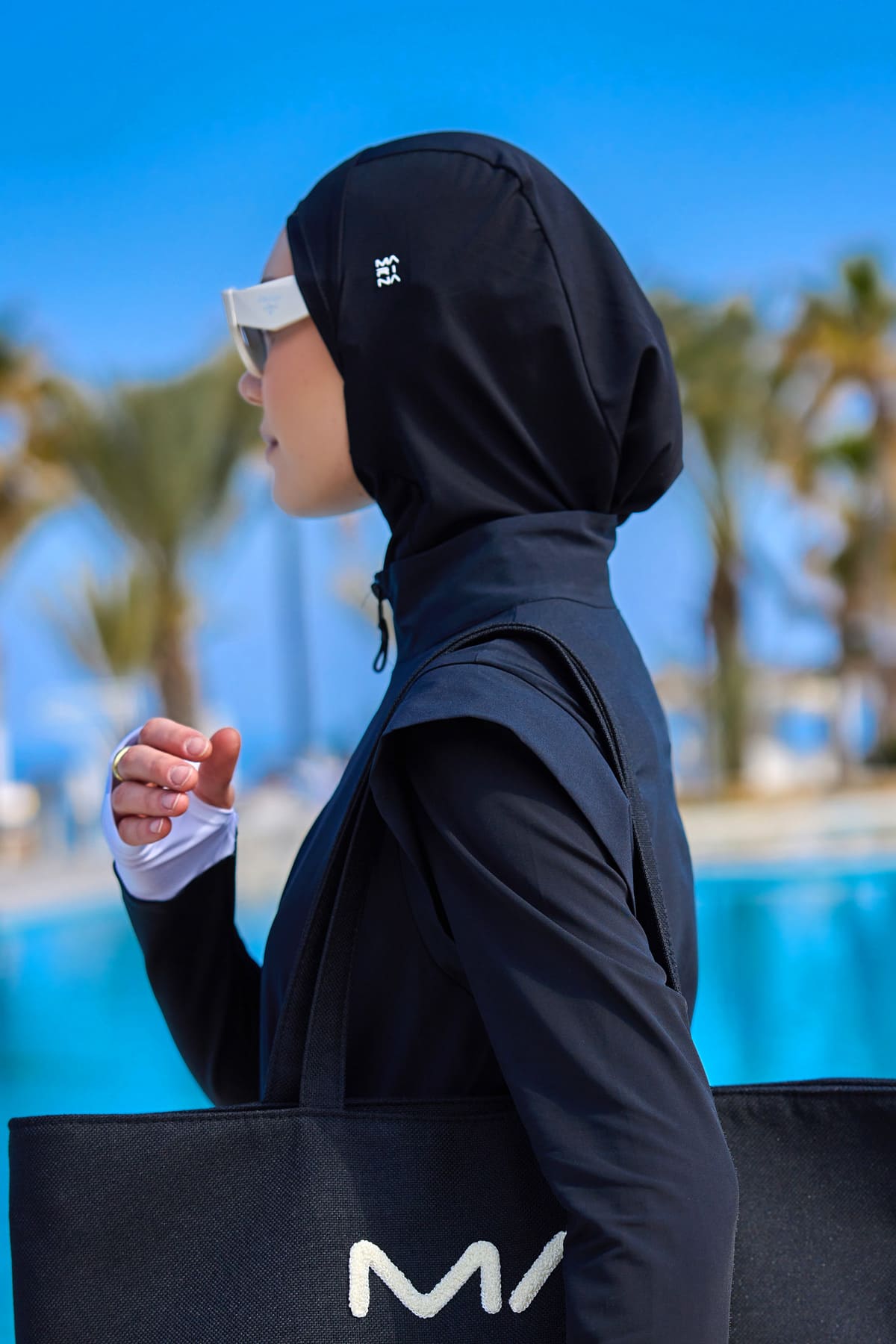 Black Athletic Swim Scarf Bonnet with Whıte Logo - B2601-1
