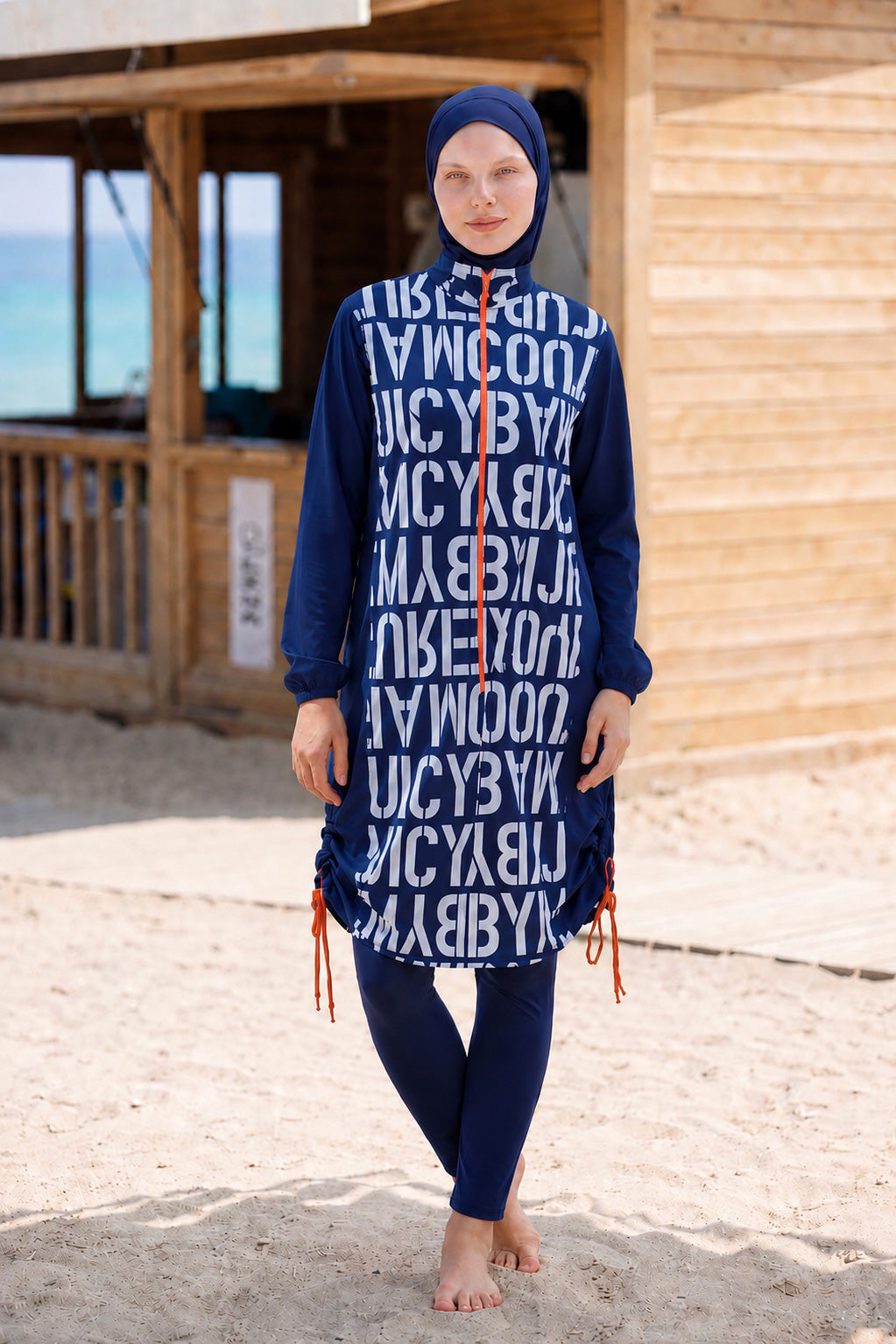Girls Modest Teen Swimwear Navy Neon Zipper 4-Piece Set G2301-1 الصورة الرئيسية
