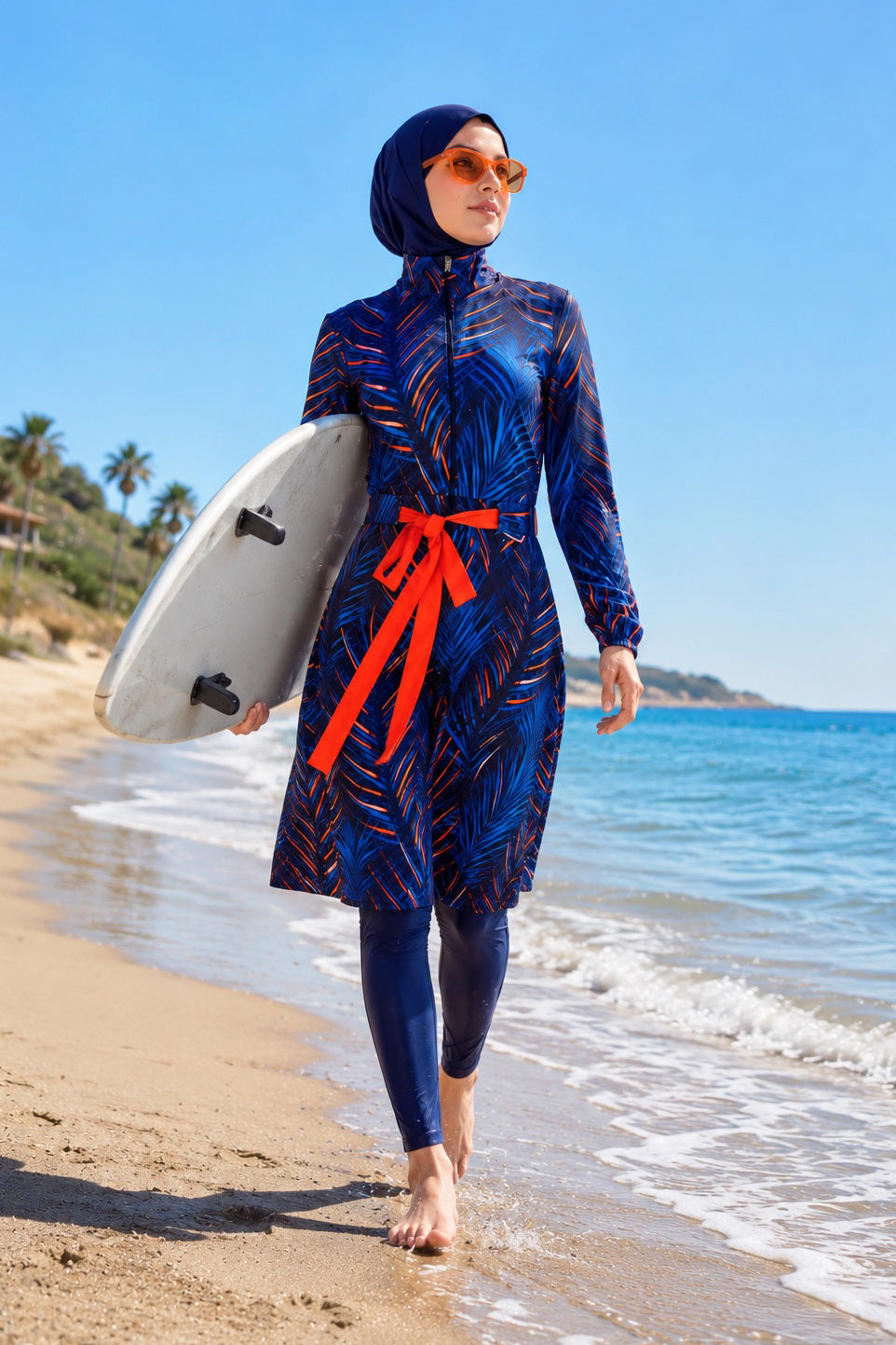 Girls Modest Teen Swimwear Tropical Palm Patterned 4-Piece Set G2305 الصورة الرئيسية