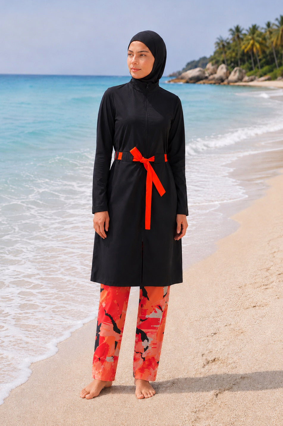 Girls Modest Teen Swimwear Black Patterned Orange Belted 4-Piece Set G2311