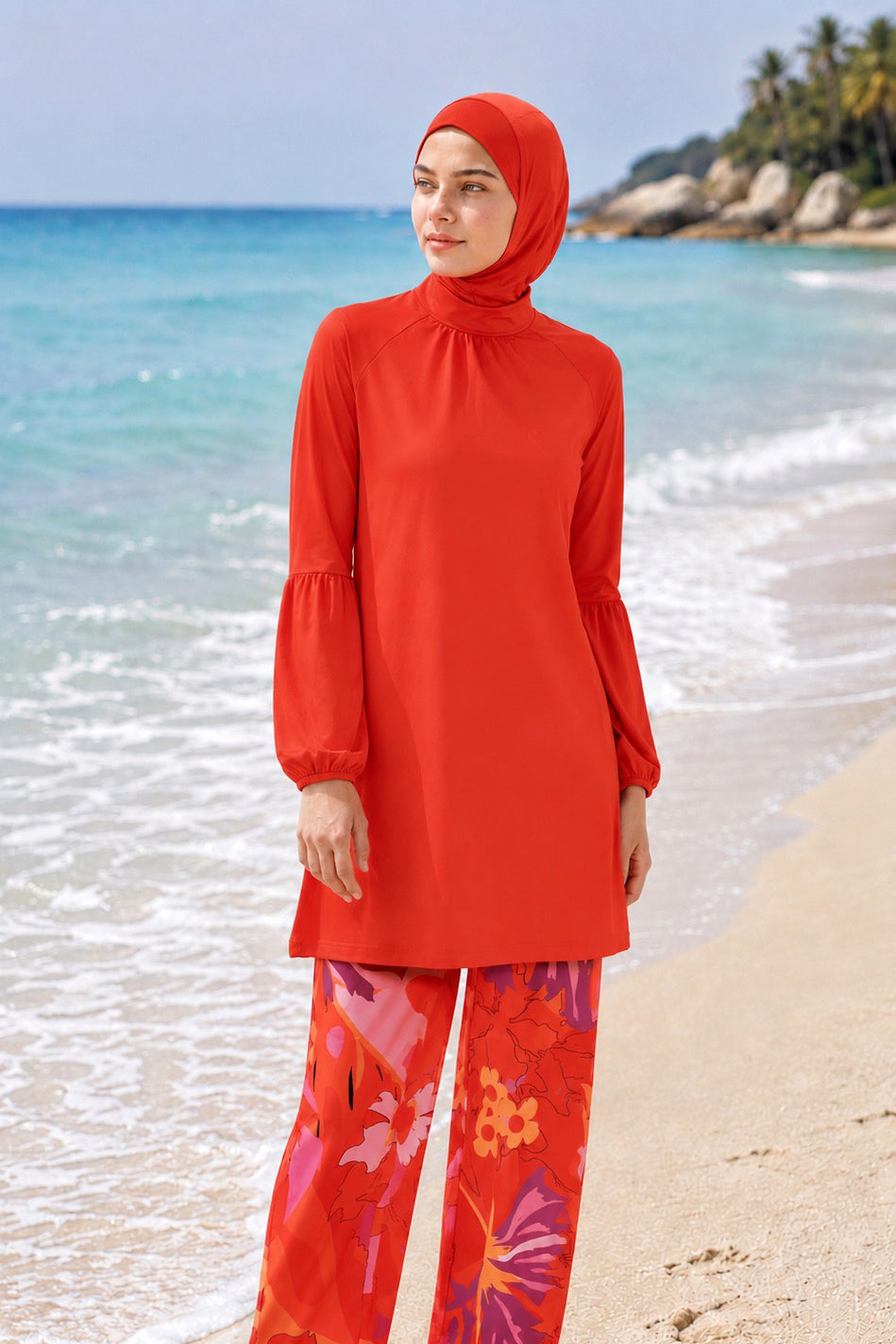 Girls Modest Teen Swimwear Orange Floral 4-Piece Set G2317 Main image