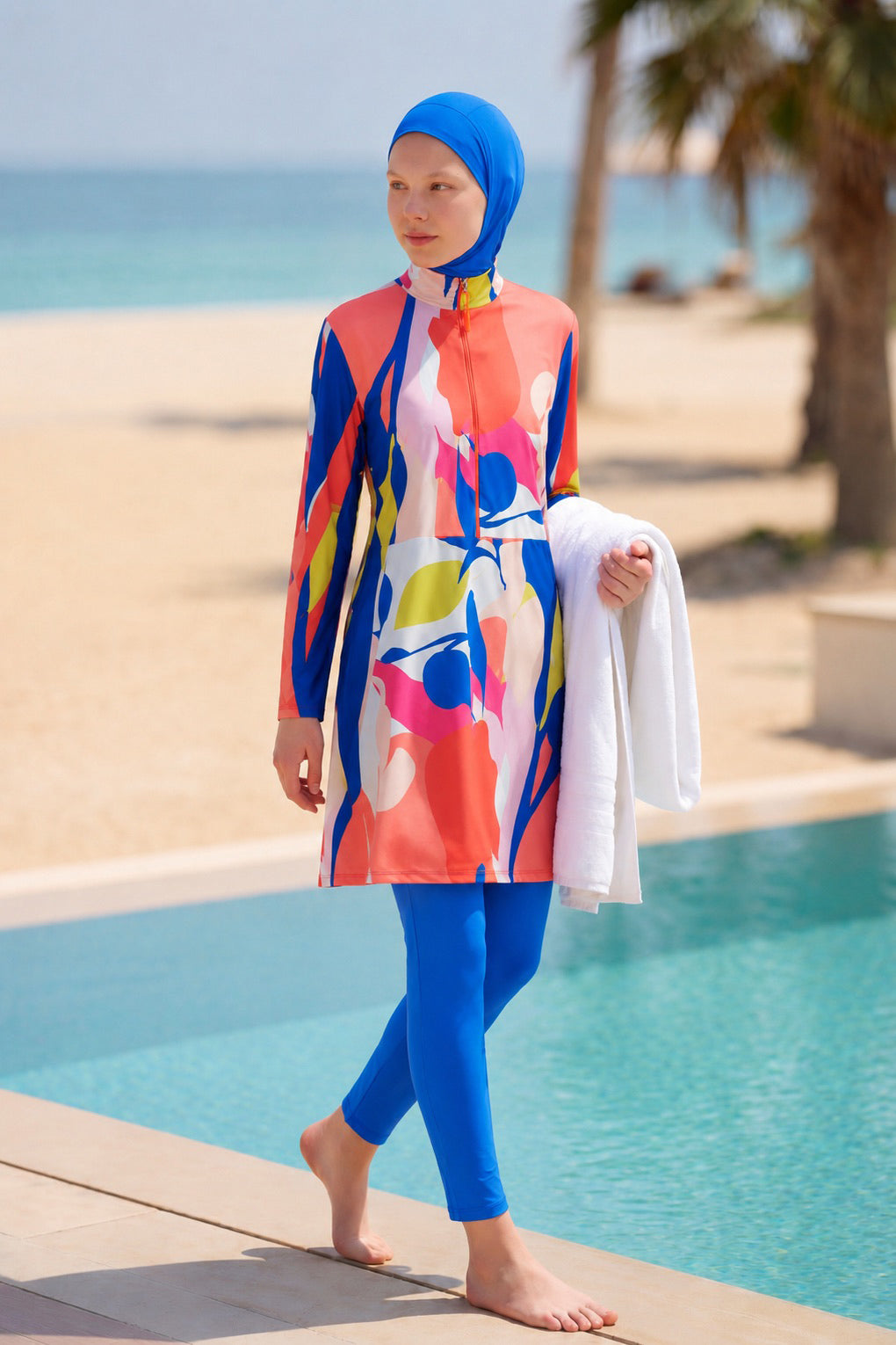 Girls Modest Teen Swimwear Sax Blue Text Patterned 4-Piece Set G2320