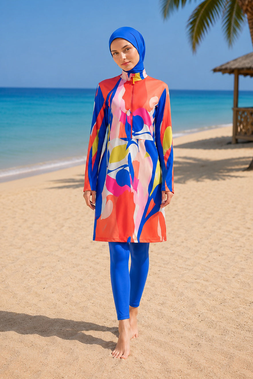 Girls Modest Teen Swimwear Sax Blue Text Patterned 4-Piece Set G2320