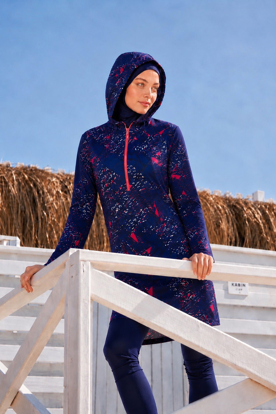 Girls Modest Teen Swimwear Navy Hooded Half Zipper 4-Piece Set G2328