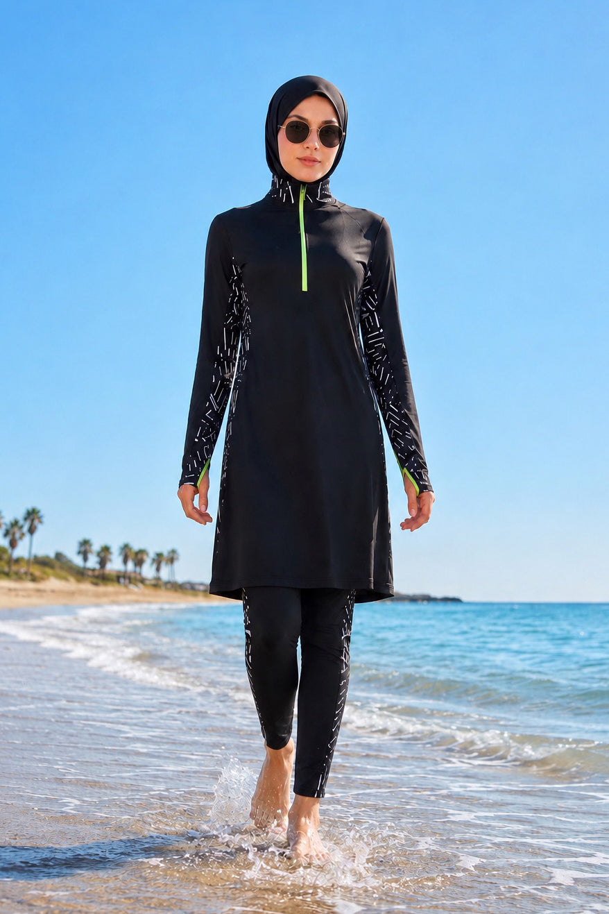 Girls Modest Teen Swimwear Black Side Patterned 4-Piece Set G2331 الصورة الرئيسية