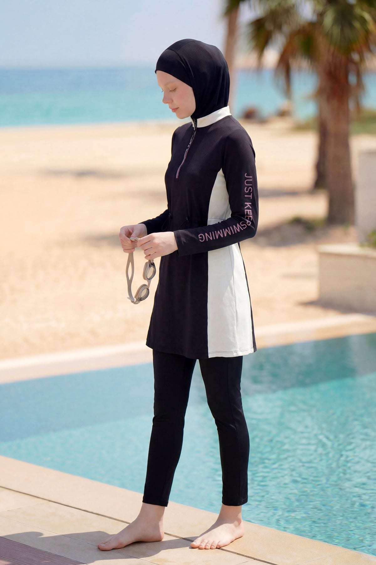 Marina Girl Teen Modest Swimsuit – Black and White G2504 Main image