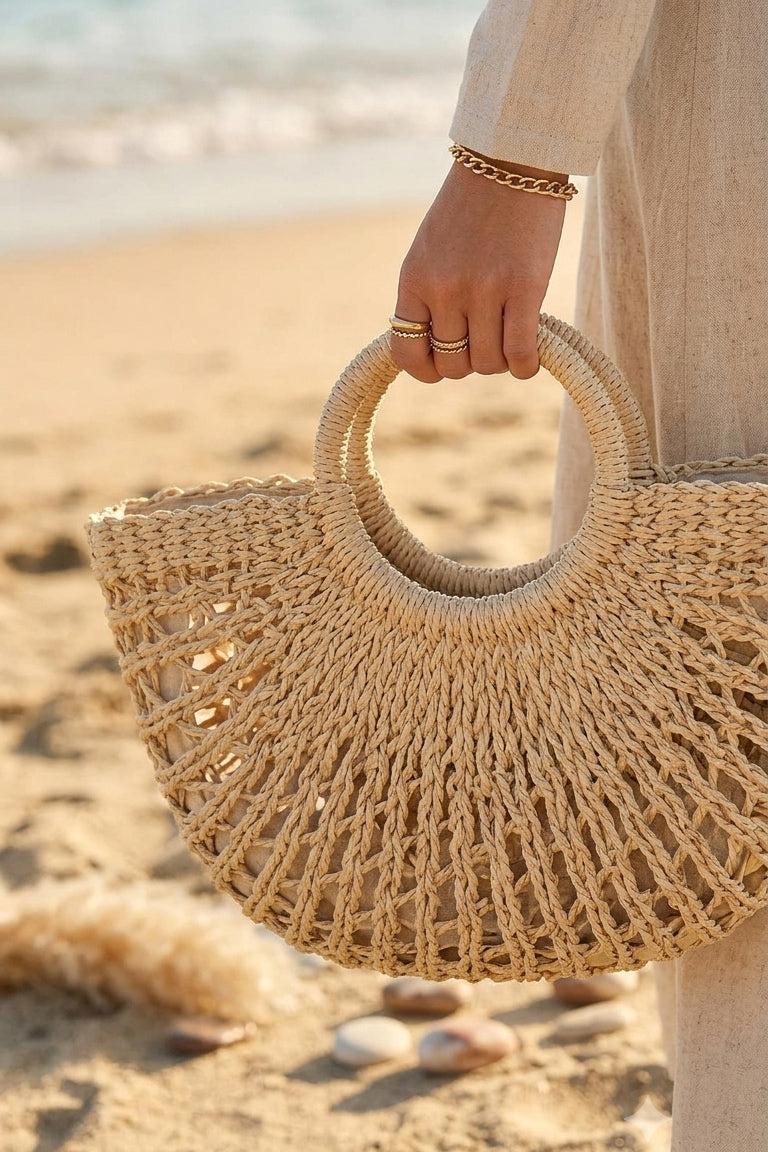 Half-Moon Beige Straw Bag - CNT2601-1