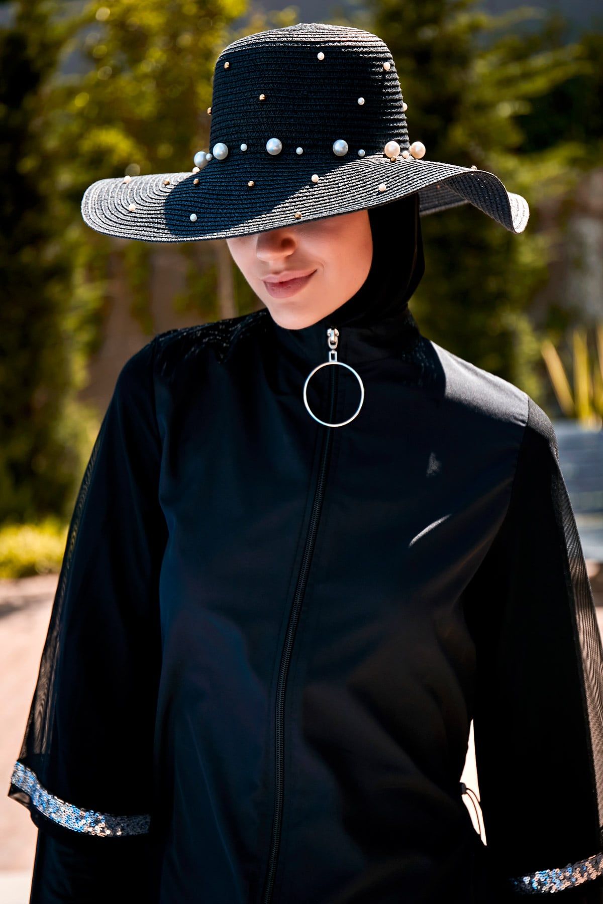 İncili Siyah Geniş Hasır Şapka 1423210